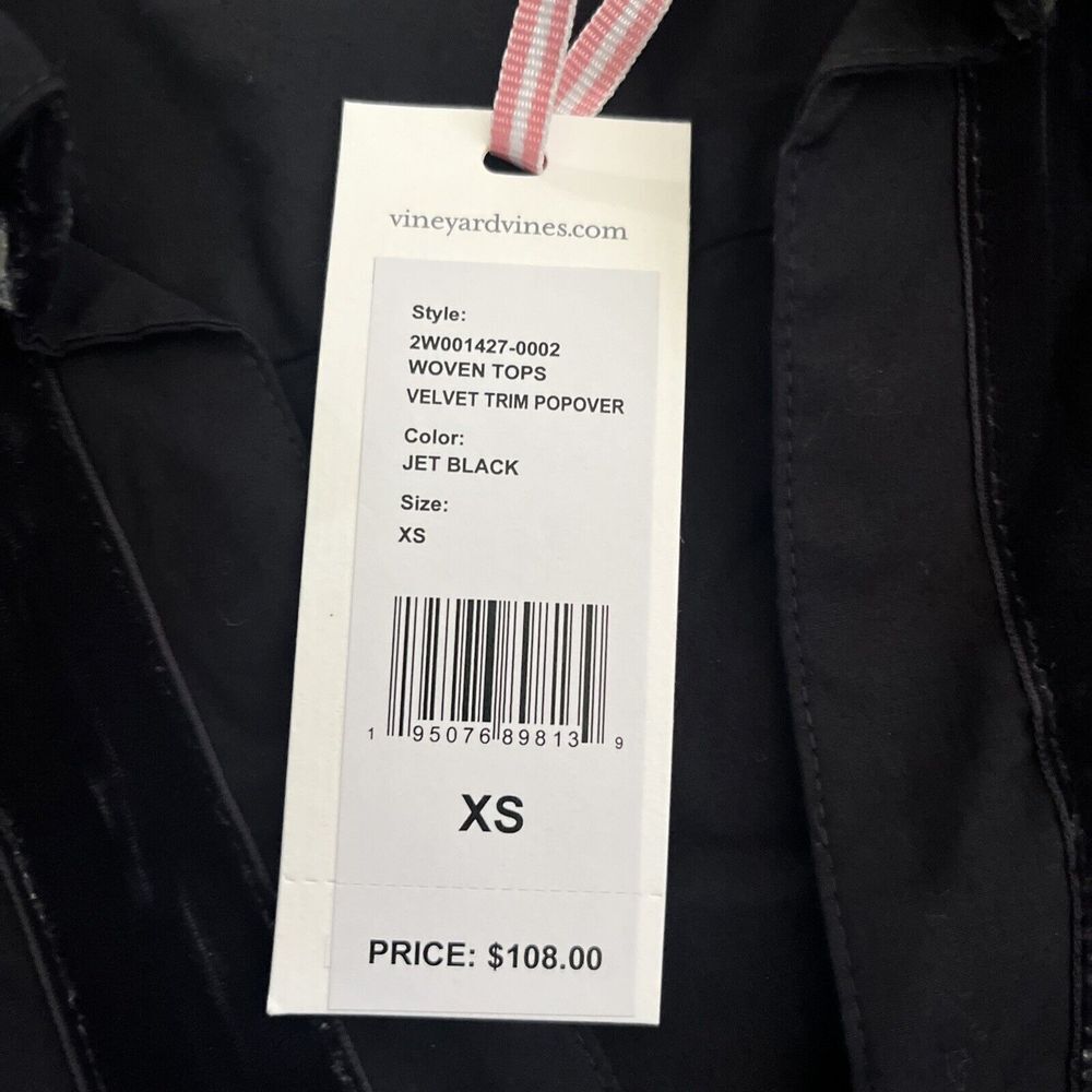 NWT Vineyard Vines Black Velvet Trim Popover Collared Shirt Top XS Cotton - Picture 3 of 9